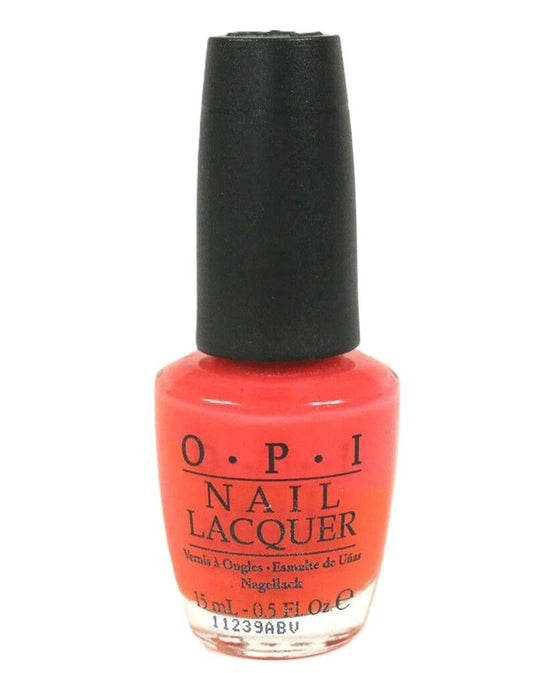 OPI coral orange/red nail lacquer bottle with black cap on a white background