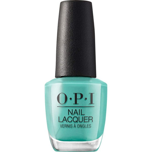 OPI sea green nail lacquer bottle with black cap on a white background