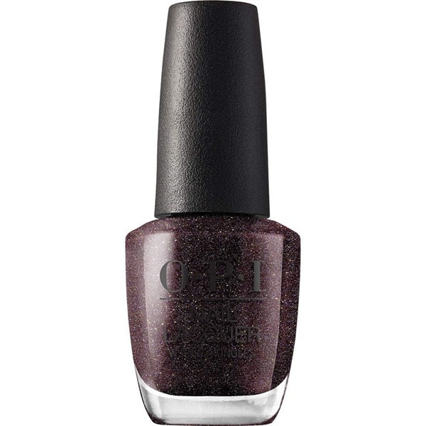 OPI nail polish bottle with a dark purple gray color and black cap on a white background