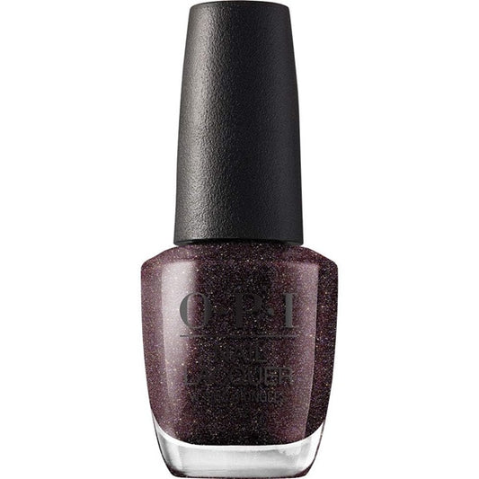 OPI nail polish bottle with a dark purple gray color and black cap on a white background
