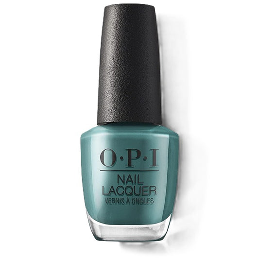 OPI green nail polish bottle with a black cap on a white background
