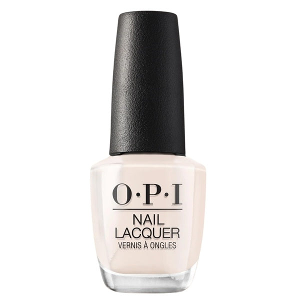 OPI light beige nail polish bottle with black cap on a white background