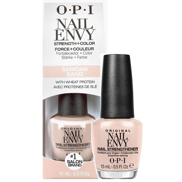 OPI Nail Envy Samoan Sand bottle with black cap and packaging.