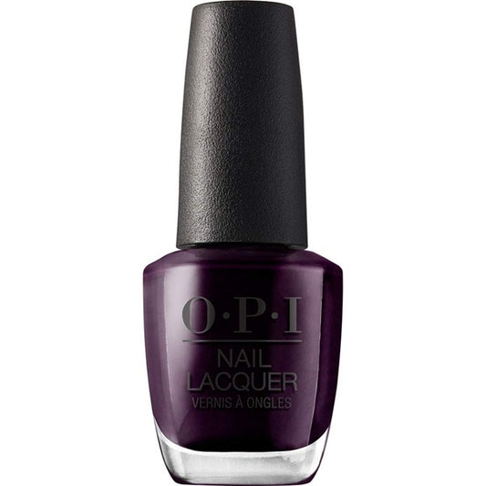 OPI nail polish bottle with dark purple color on a white background