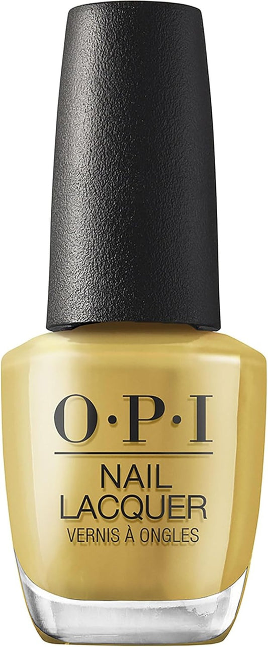 OPI yellow nail lacquer bottle with black cap.