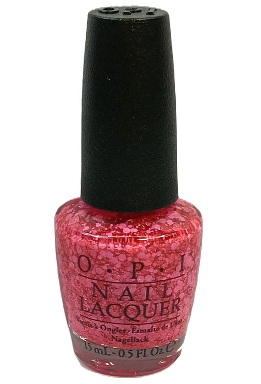 OPI nail lacquer bottle with pink glittery polish and black cap on a white background