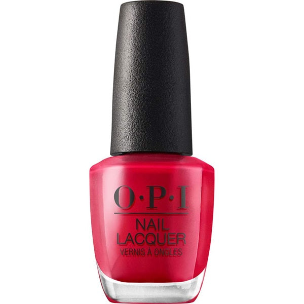 OPI red nail polish bottle with black cap on a white background