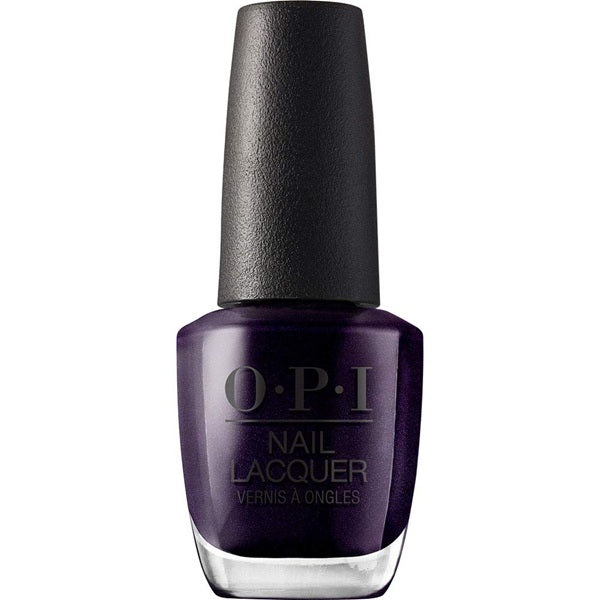 OPI nail polish bottle with dark purple color on a white background