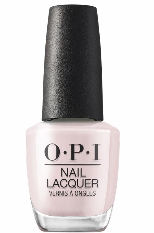 OPI light pink nail lacquer bottle with black cap on a white background