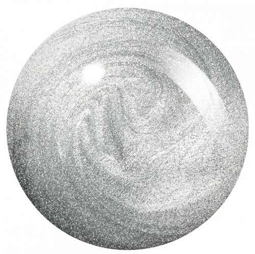 Silver shimmer nail polish swatch.