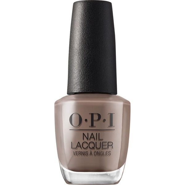 OPI taupe nail lacquer bottle with a black cap on a white background