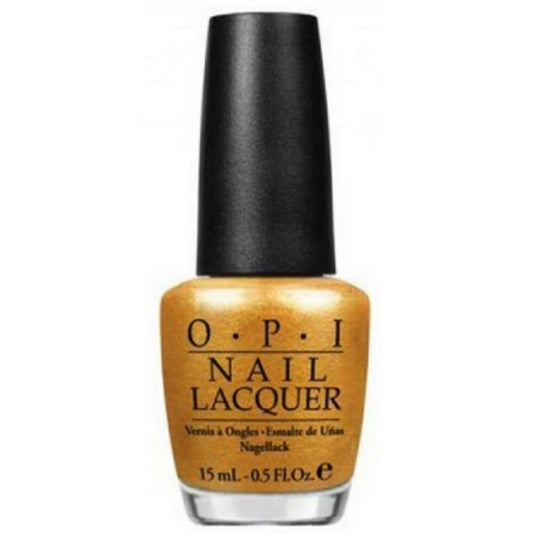 OPI nail lacquer bottle with a gold color on a white background
