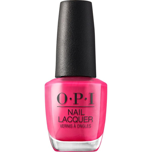 OPI bright pink nail lacquer bottle with black cap on a white background