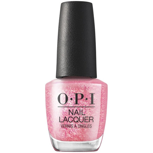 OPI nail polish bottle with pink glittery polish and black cap on a white background