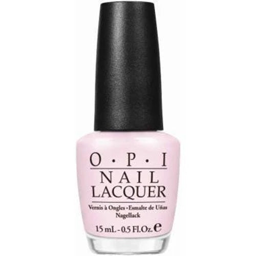 OPI light pink nail lacquer bottle with black cap on a white background