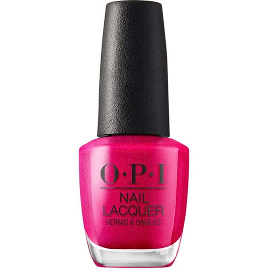 OPI nail polish bottle with bright pink color and black cap on a white background