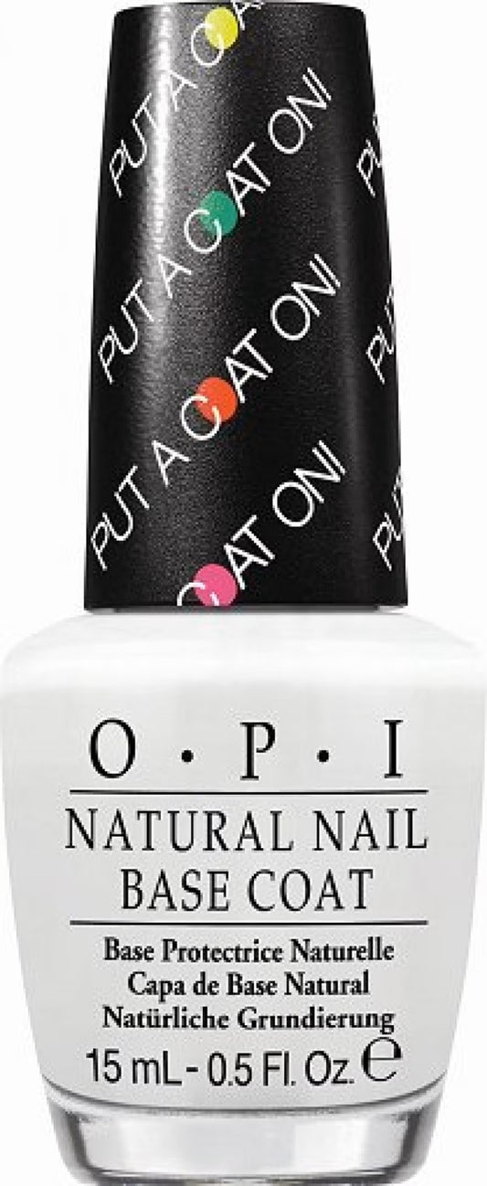 OPI Put a Coat On Natural Nail Base Coat in a 15 mL bottle with a white base and a black cap featuring colorful dots.