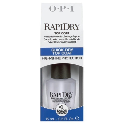 OPI Rapidry top coat bottle with blue and white packaging on a white background