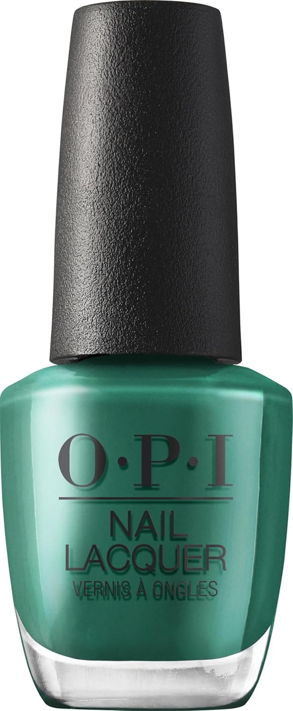 OPI green nail polish bottle with black cap on a white background