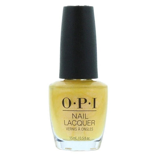 OPI nail polish bottle with yellow color on a white background