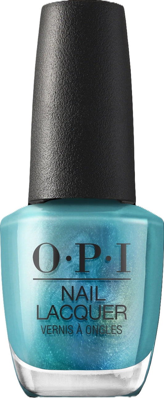 OPI teal nail lacquer bottle with linear holographic shimmer on a white background