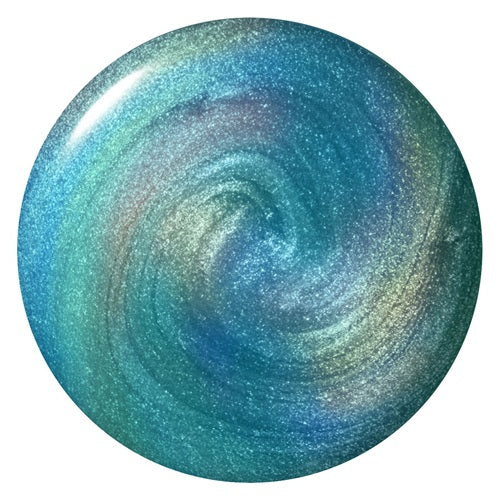 Round,  teal linear holographic nail polish swatch on a white background.