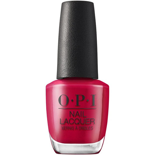 OPI red nail polish bottle with black cap on a white background