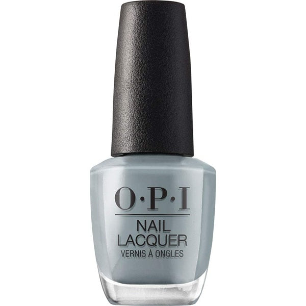 OPI blue gray  nail lacquer bottle with black cap on a white background