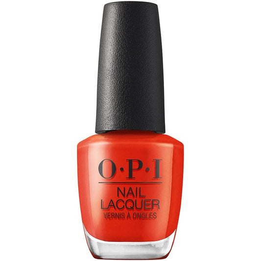 A bottle of OPI Nail Polish in a vivid red-toned orange creme color.