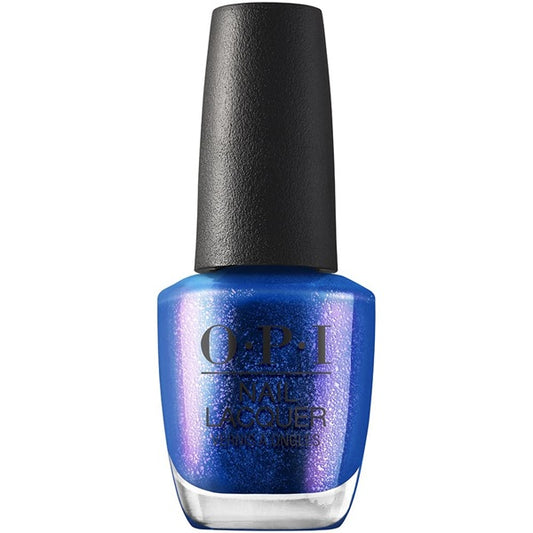 OPI blue shimmer nail polish bottle with black cap on a white background