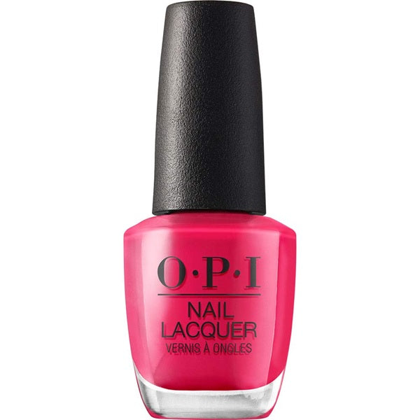 A bottle of OPI Nail Polish in a bright pink red creme color, with the brand's logo and the color's name displayed.