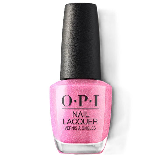 OPI pink shimmer nail polish bottle with  black cap on a white background