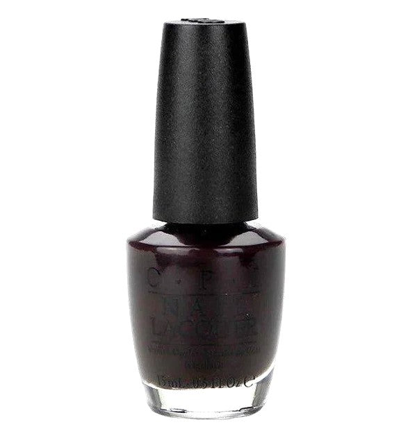 OPI dark brown nail polish bottle with black cap on a white background.