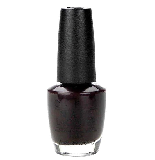 OPI dark brown nail polish bottle with black cap on a white background.