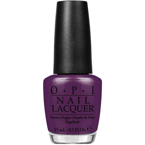 OPI purple nail lacquer bottle with black cap on a white background.