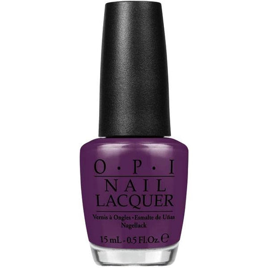 OPI purple nail lacquer bottle with black cap on a white background.