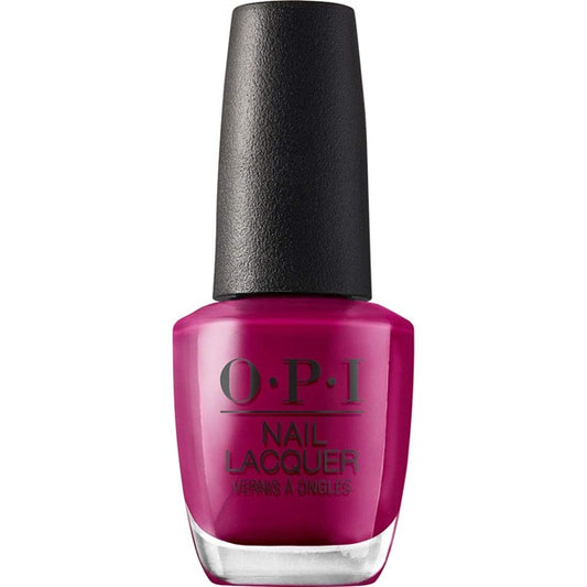 OPI bright raspberry pink nail polish bottle with black cap on a white background