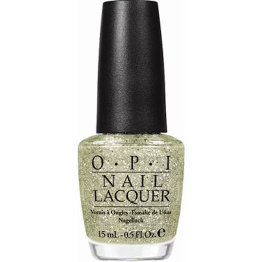 OPI silver and gold gliitter nail lacquer bottle with a black cap on a white background