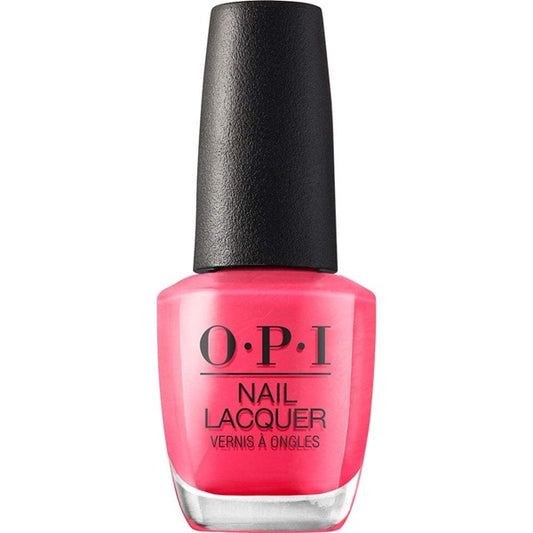 OPI nail lacquer bottle with bright pink color on a white background