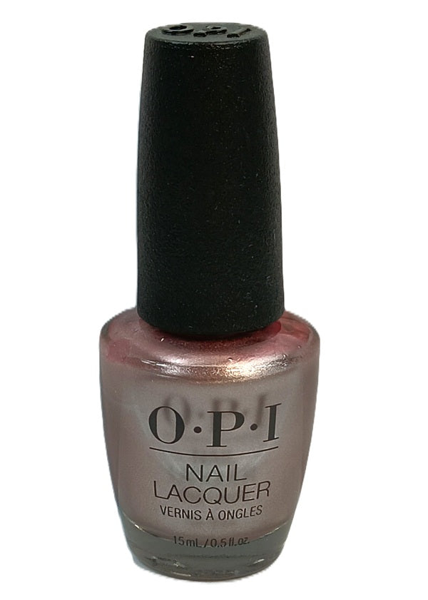 OPI silvery rose nail polish bottle with black cap on a white background