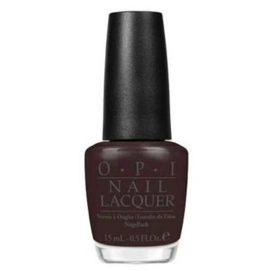 OPI nail lacquer bottle with dark brown color on a white background