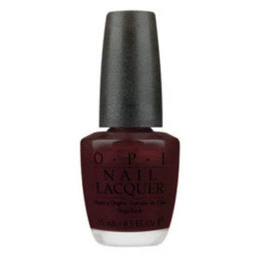 OPI dark brown nail lacquer bottle on a white background