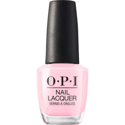OPI nail polish bottle with light pink color and black cap on a white background
