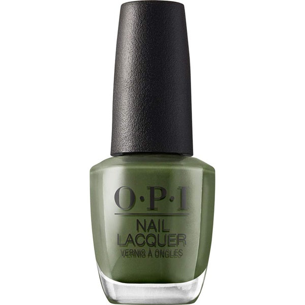 OPI green nail polish bottle with black cap on a white background