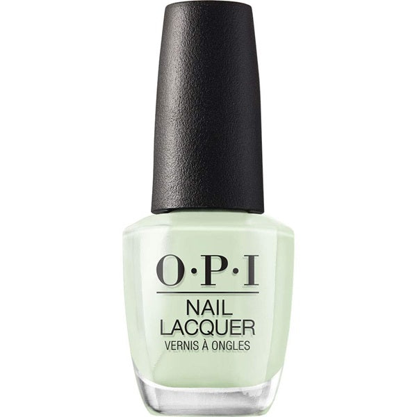 OPI light green nail lacquer bottle with black cap on a white background