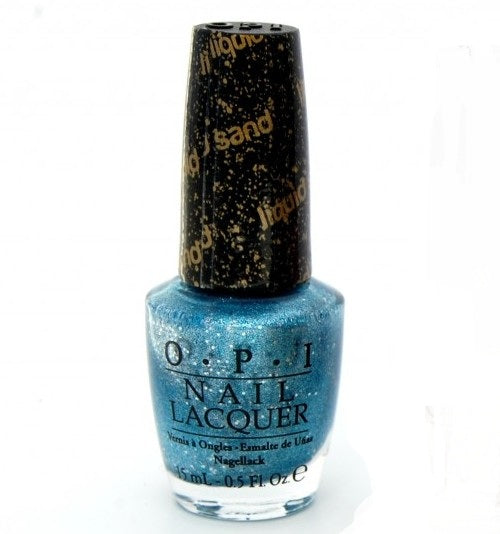 OPI nail polish bottle with blue matte, textured glittery polish and black cap on a white background