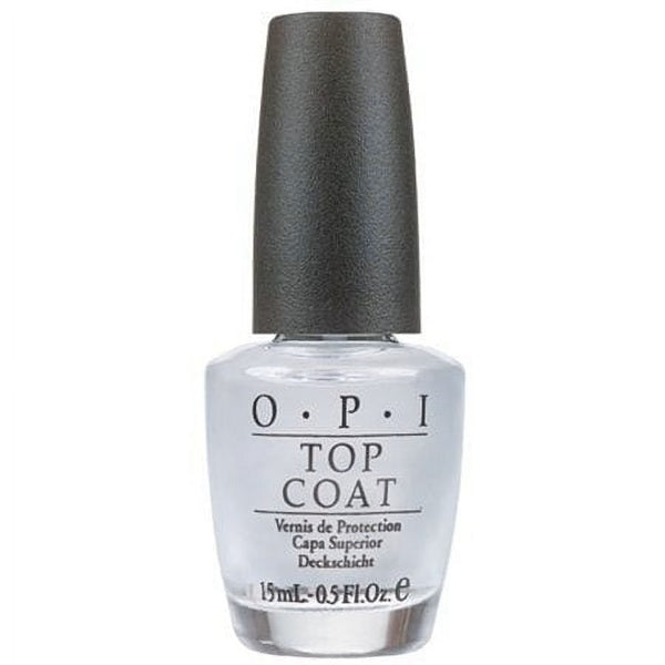 A bottle of OPI Top Coat with black cap and white background.