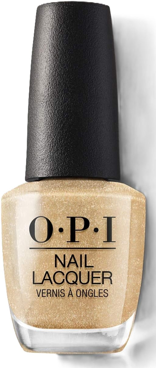 OPI nail lacquer bottle with gold shimmer color and black cap on a white background