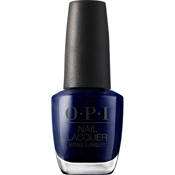 OPI blue nail polish bottle with black cap on a white background