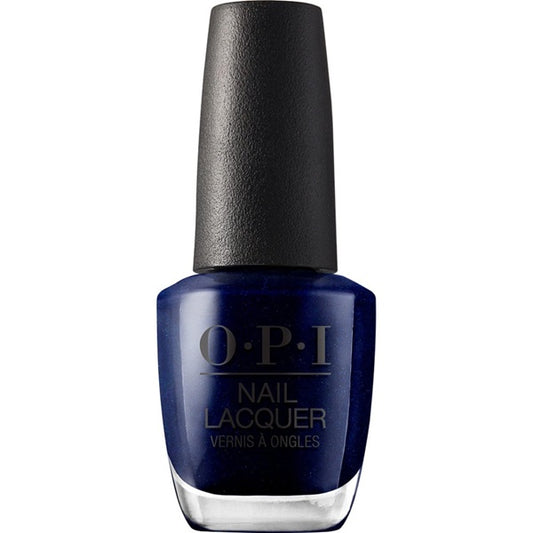 OPI blue nail polish bottle with black cap on a white background
